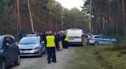 Grupa policjantów i wiele radiowozów na drodze w lesie podczas poszukiwań zaginionego dziecka