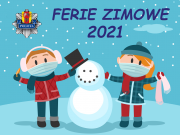Rysunkowa grafika przedstawiająca dwójkę dzieci na dworze, które lepią bałwana. W lewym górnym rogu znajduje się logo łódzkiej Policji. Na dole napis &quot;Ferie zimowe 2021&quot;.